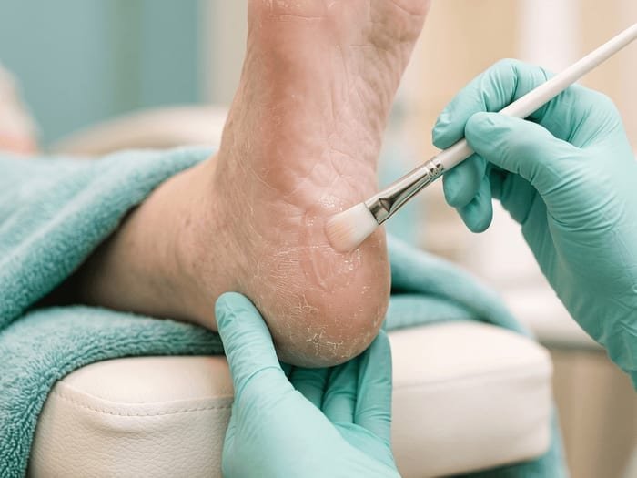 Aplicação de solução com pincel profissional no calcanhar, com luva